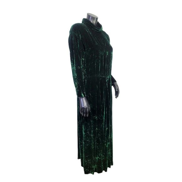 Vintage 80s Carroll Reed M/L Emerald‎ Green Crushed Velvet Mockneck L/S Dress - Picture 7 of 12